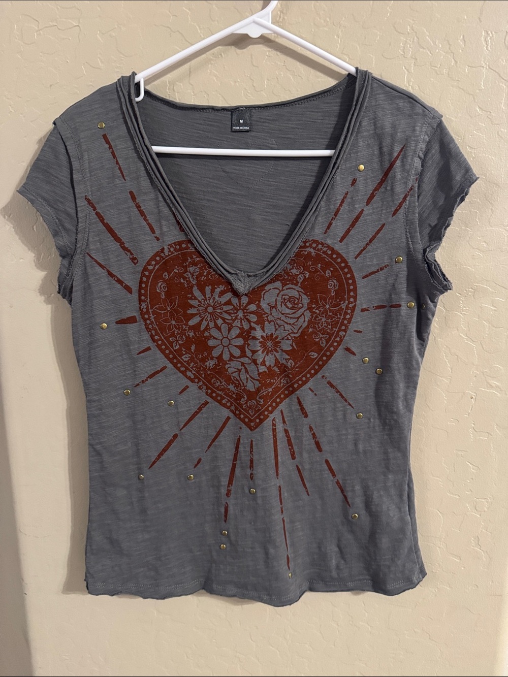 Gray V-Neck Tee with Red Heart Graphic and Stud Accents